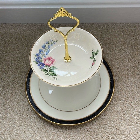 Two Tiered Jewelry Tidbit Cheese Tray Vintage CAMWOOD Ivory 22 Carat Gold Bowl - Picture 3 of 8